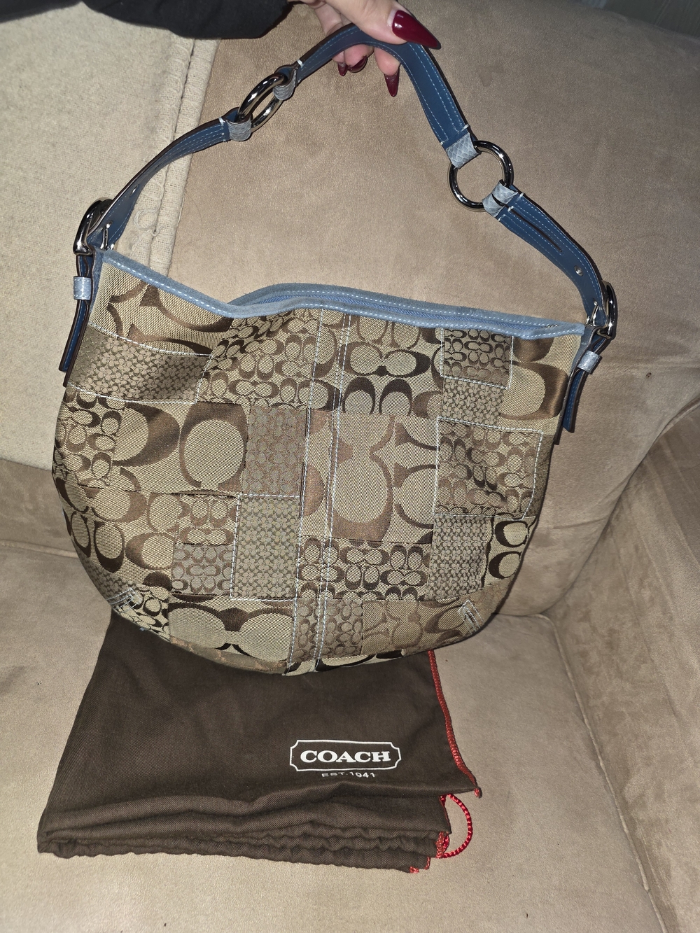 Coach Y2K Signature Patchwork Hobo Bag Khaki + Lt Blue Python Trim